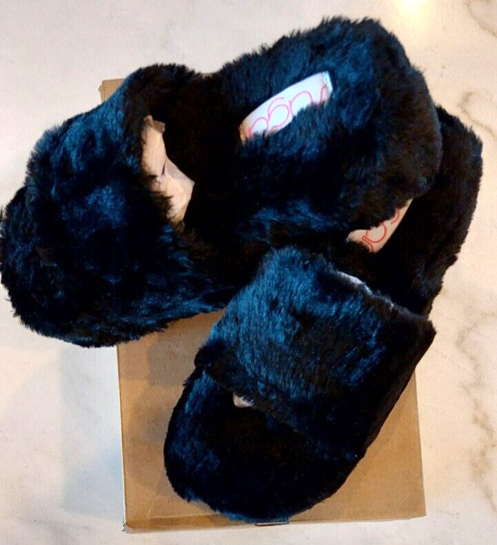 Sugar Wryde Black Platform Fluffy Slip On Womens Fur Slipper Warm Sandals Size 8