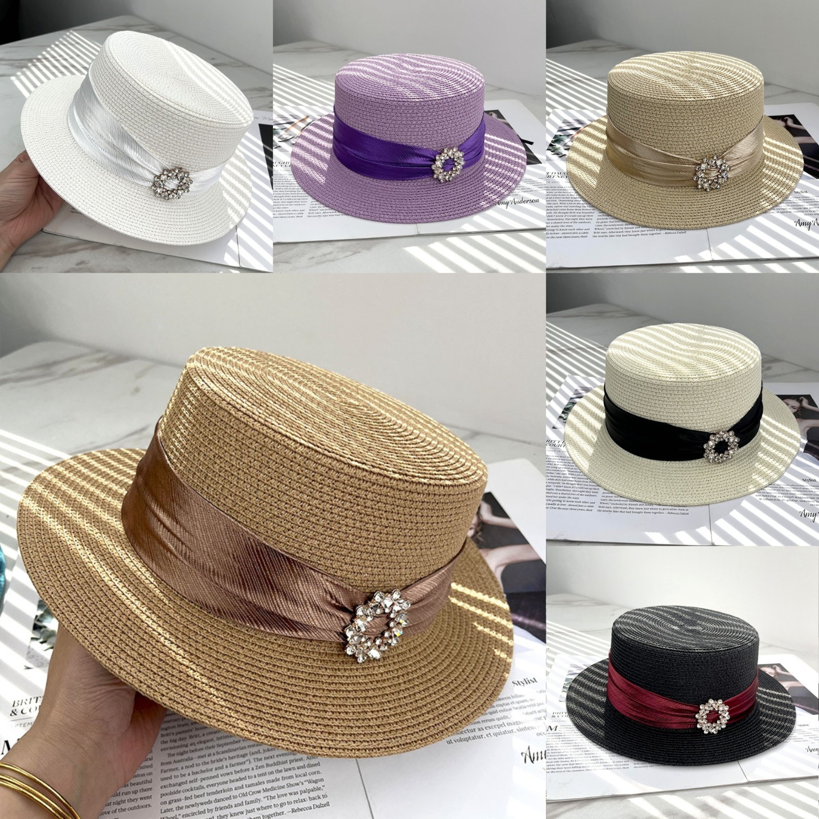 Women French Retro Flat Top Boater Straw Hat Pearl Ribbon Sun Hat Beach Vacation