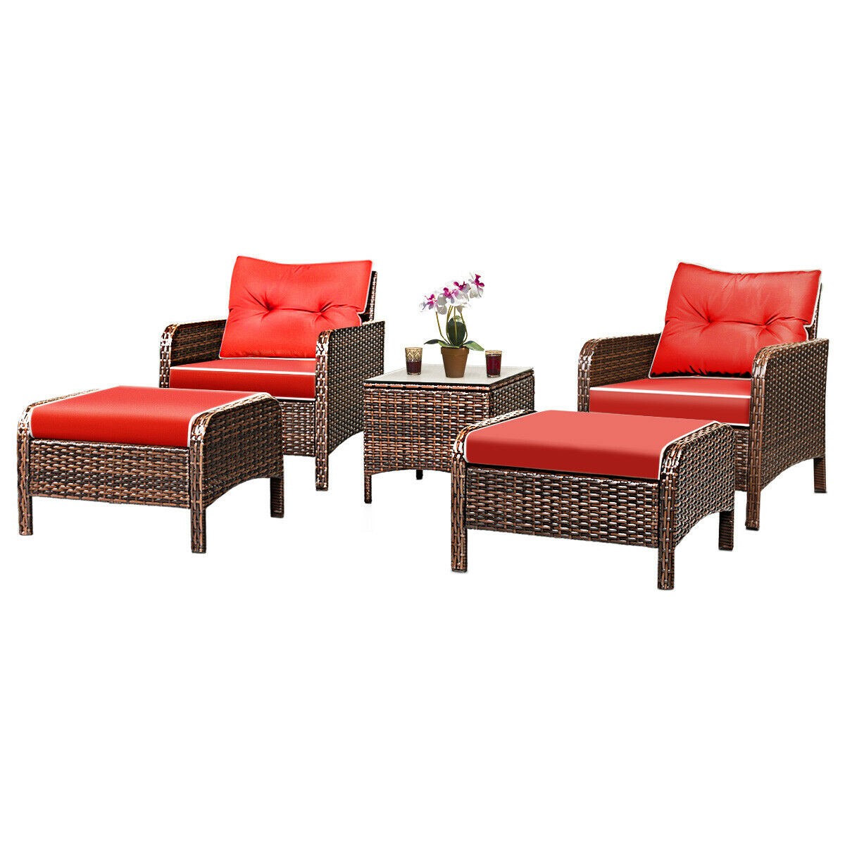 5 PCS Patio Rattan Wicker Furniture Set Sofa W/ Cushions Outdoor Brand New