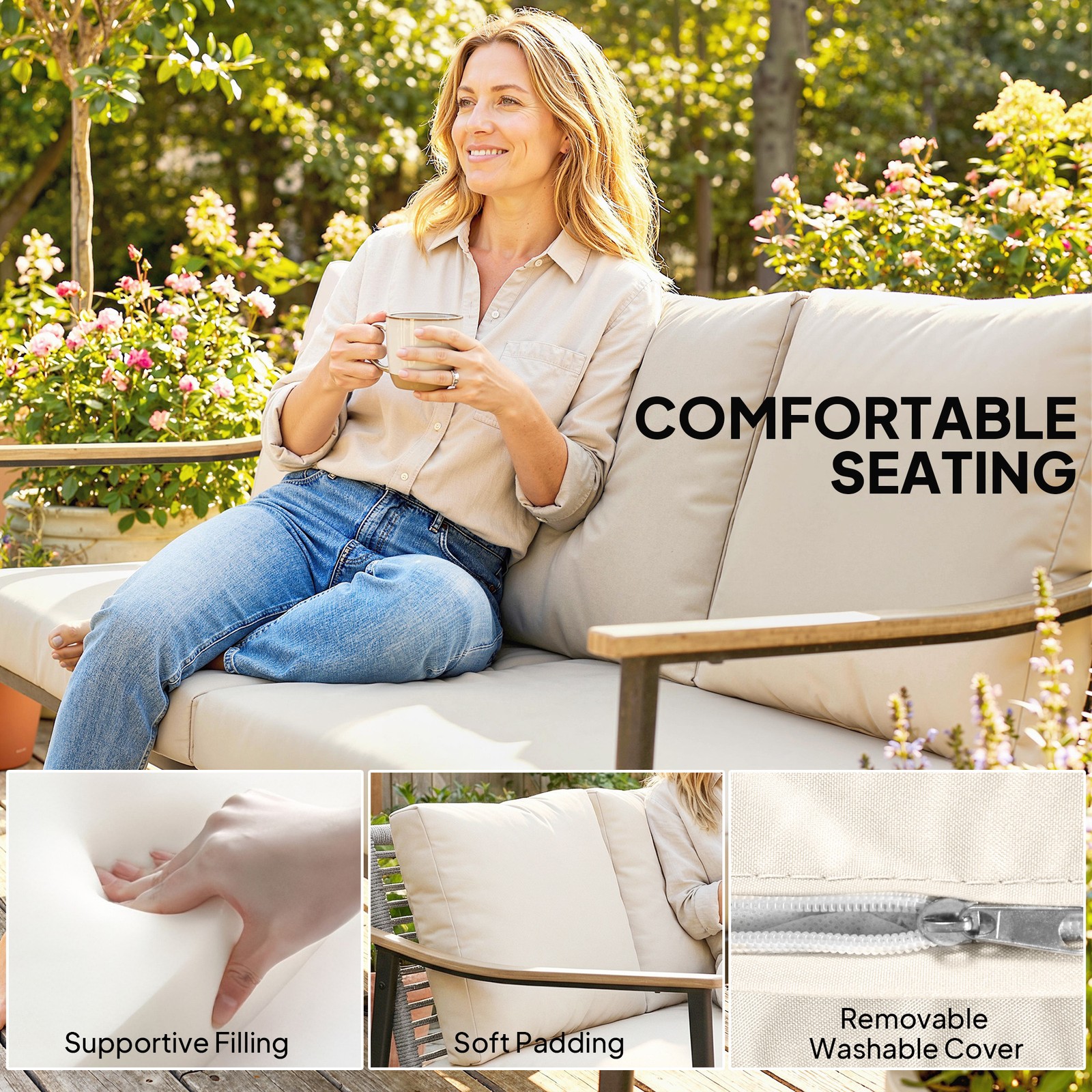 Outsunny 3 Seater Outdoor Couch Patio Sofa with Cushions, Khaki
