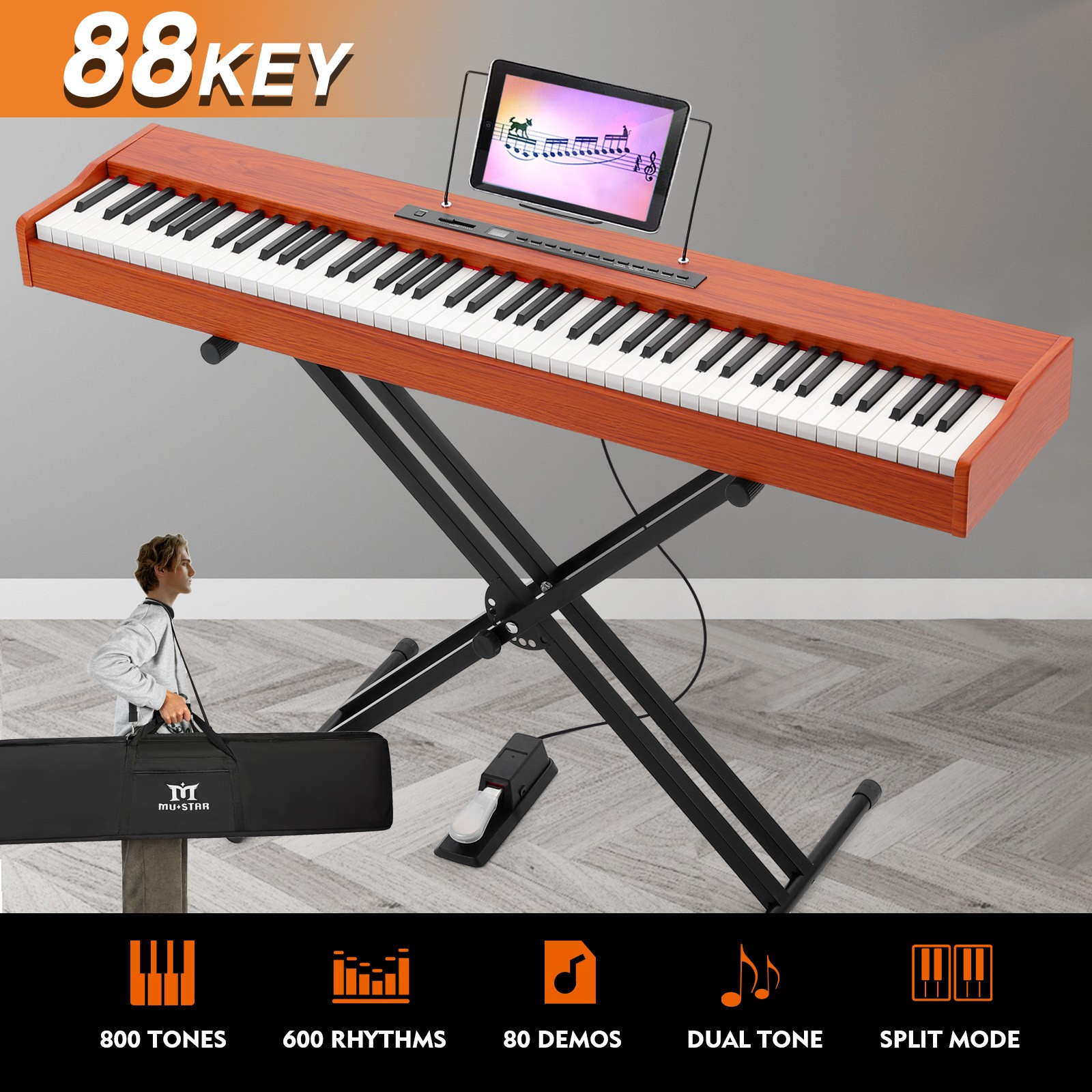 88Key Brown Full Size Semi-Weighted Digital Piano Electric Keyboards w/Pedal,Bag