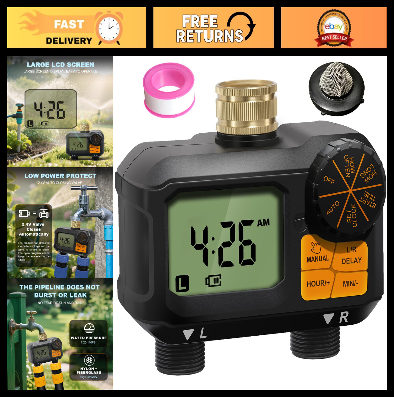 2 Zone Garden Hose Water Timer - Programmable Sprinkler with Rain Delay & Manual