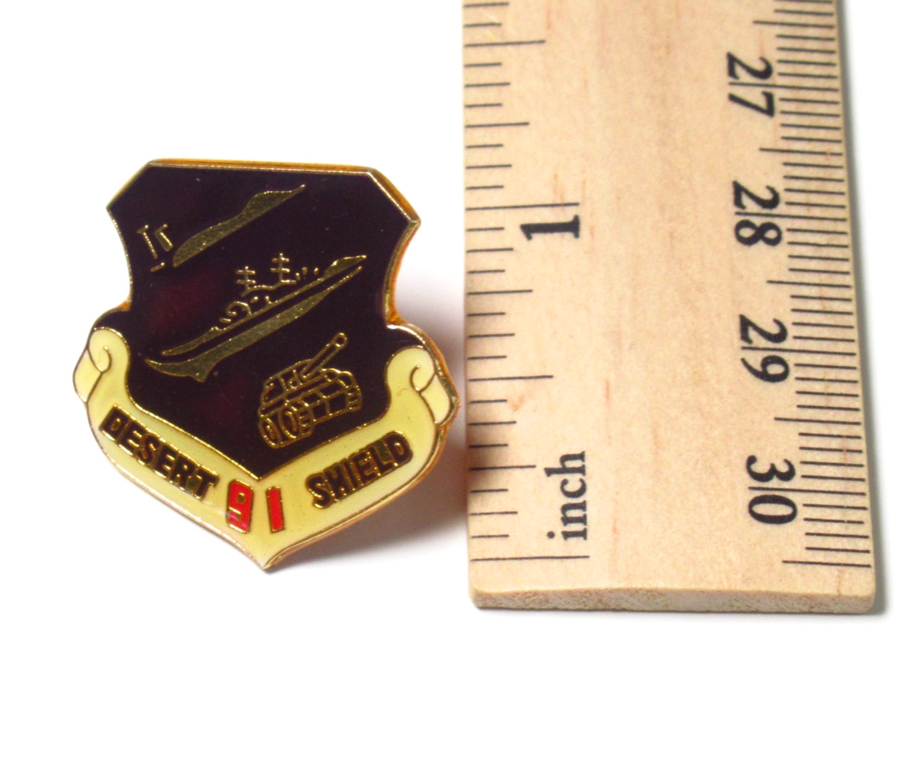 Desert Shield 91 Lapel Pin Black Enamel Military Tank Emblem Vintage