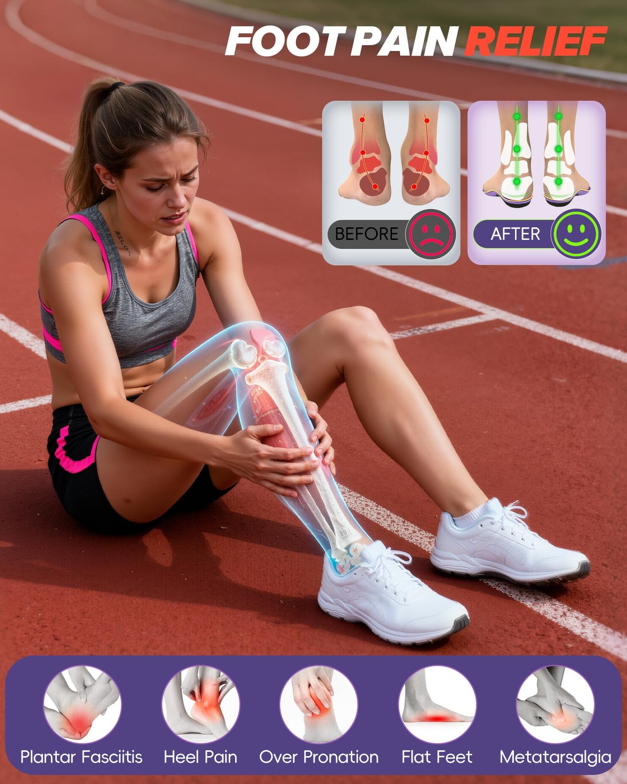 GoSkala Plantar Fasciitis Insoles Athletic Arch Support Inserts M, Purple