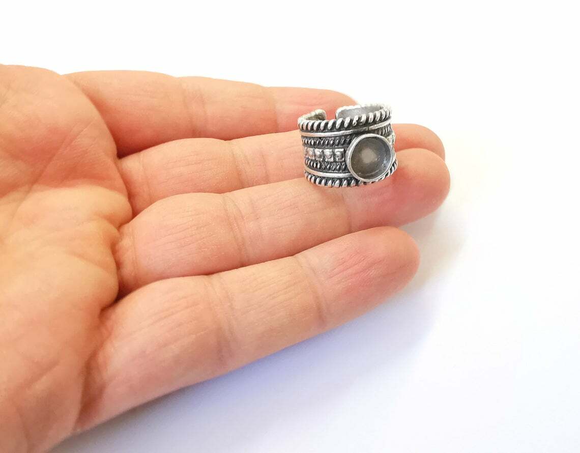 Silver Ring Blank Base Bezel Settings Cabochon Mountings Adjustable (8mm) G25024