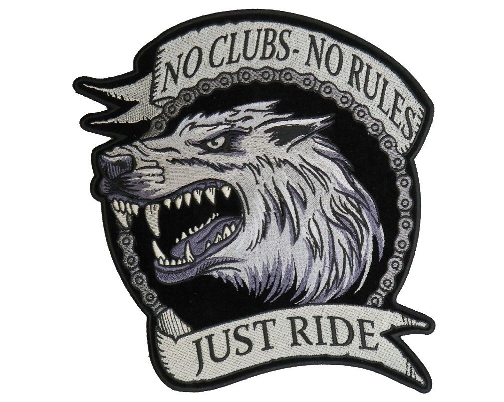 Large No Clubs No Rules Snarling Wolf Embroidered Biker Patch