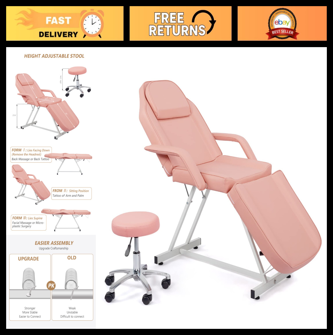Multi-Purpose 3-Section Massage Tattoo Chair & Esthetician Bed, Adjustable Spa T
