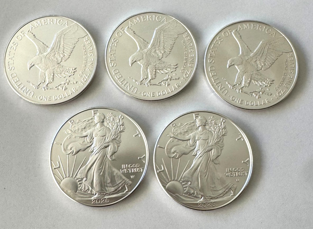 Lot of 5 Silver 2026 American Eagle 1 oz. Fine .999 US oz Coins