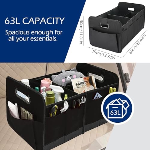 Foldable Car Trunk Organizer - 63L Collapsible Multi-Compartment Storage Black