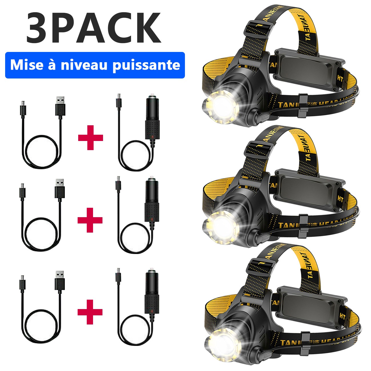 3 pack USB Rechargeable Headlight LED Headlamp Camping Head Torch Flashlight