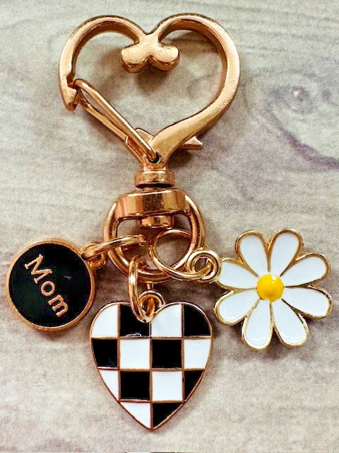 Black Check Heart Mom Flower Gold Swivel Key Chain Backpack Tag Purse Charms RTS