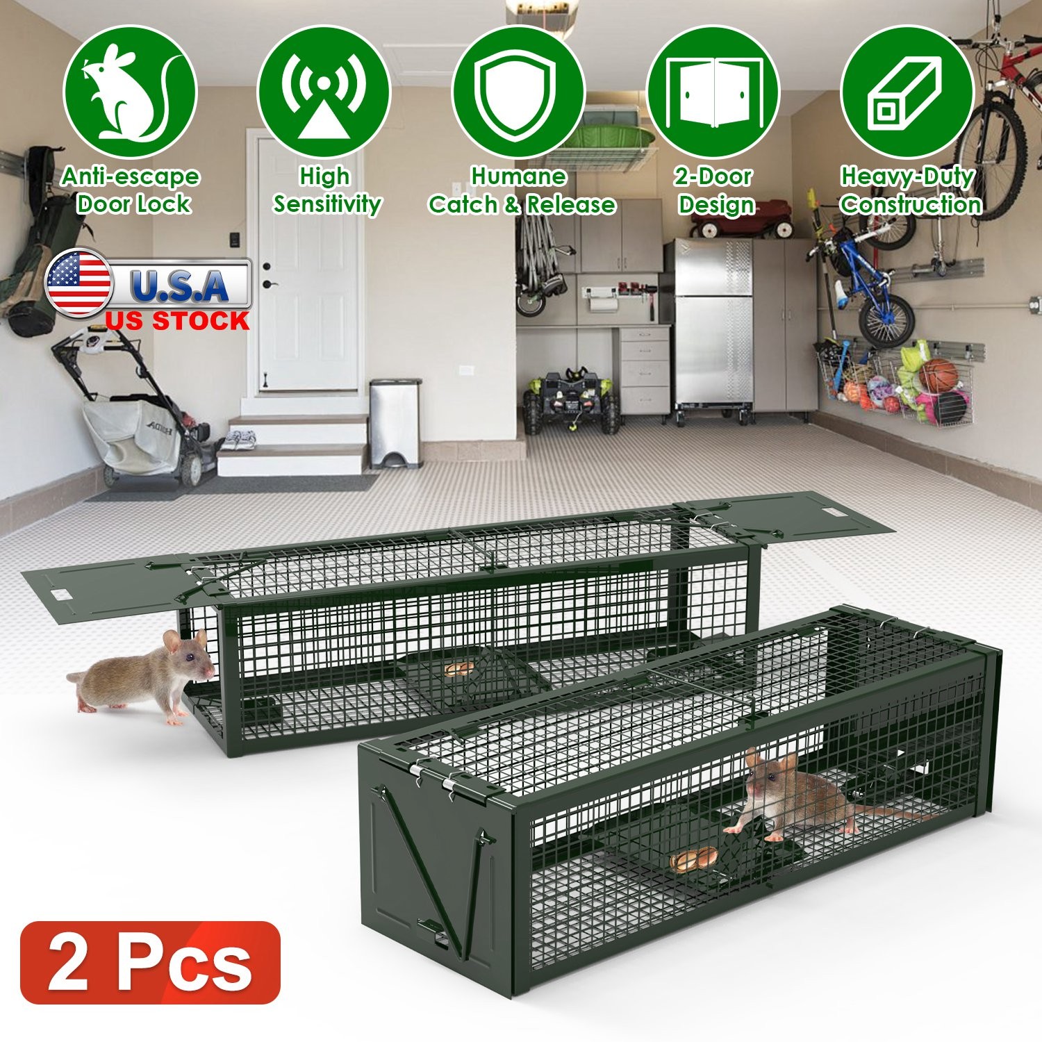2Packs Humane Live Rat Trap 15.35x4.72x3.94in 2-Door Cage Iron Rodent Trap Cage