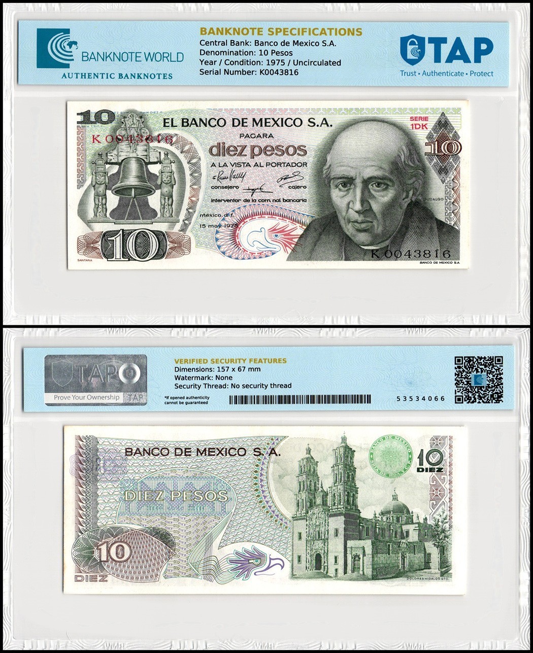 Mexico 10 Pesos, 1975, P-63h, UNC, Signature Varies, w/ Stains TAP Authenticated