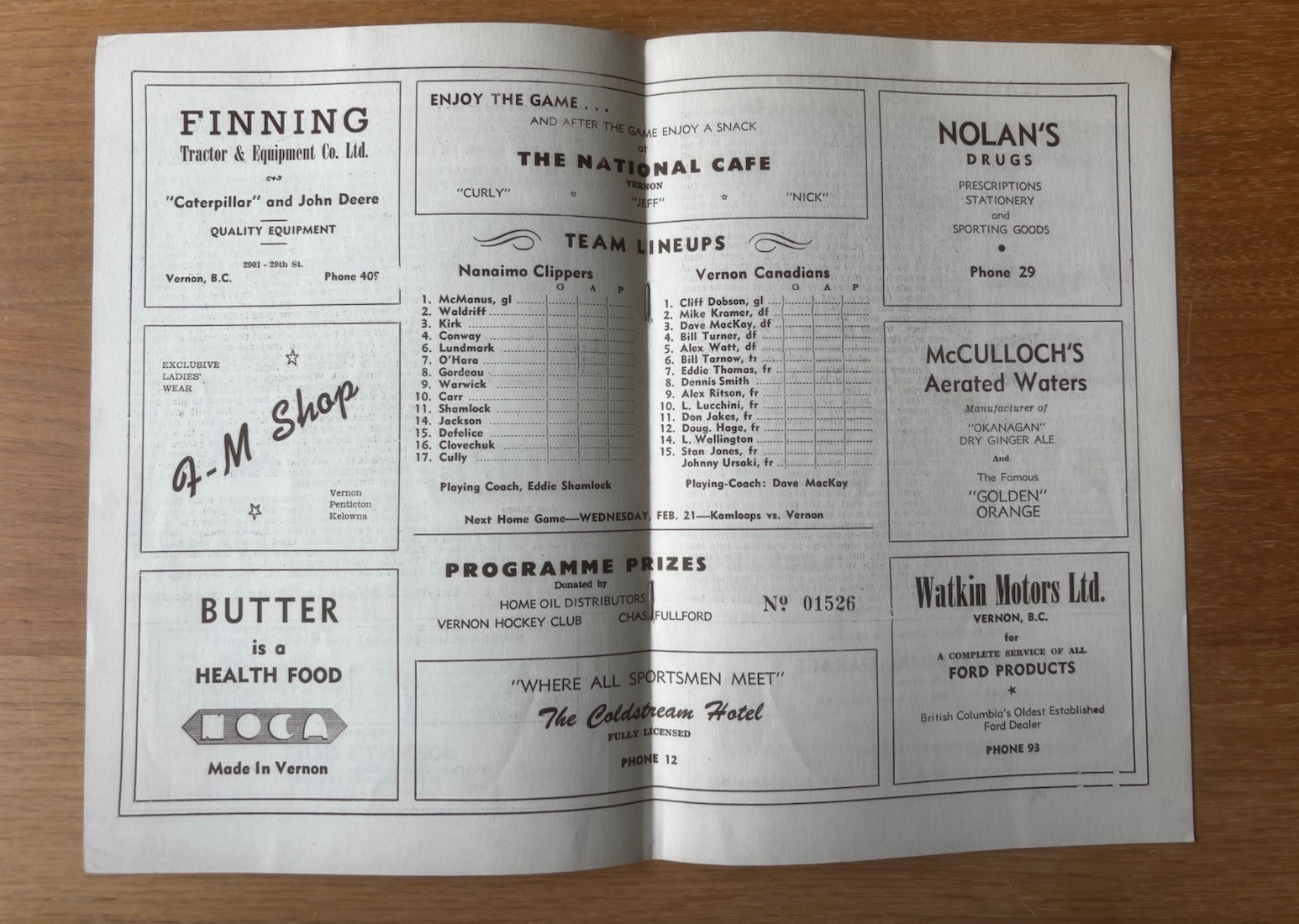 1950-51 Vernon Canadians vs Kamloops Elks Program Nice Condition