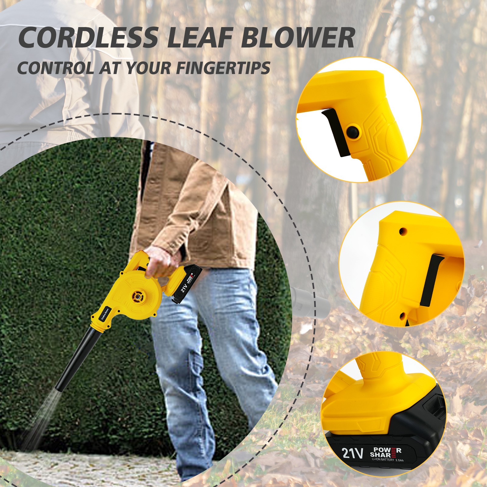 350CFM Cordless Leaf Blower Vacuum Handheld Electric Leaf Blower 2*2.0ah Battery