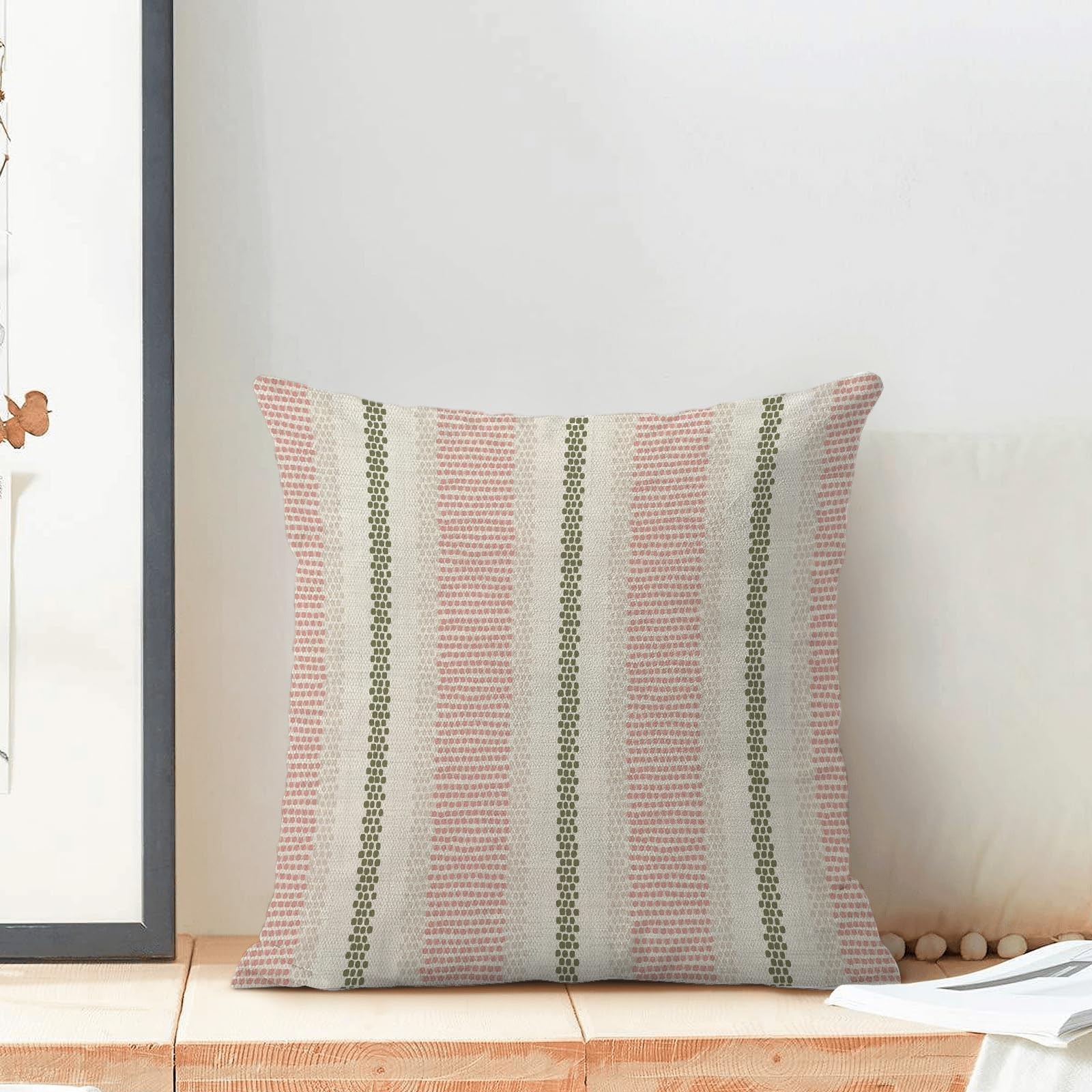 Boho Pillow Covers 18x18 Set of 2 Sage Green Pink Stripe Polka Dot Throw Pill...