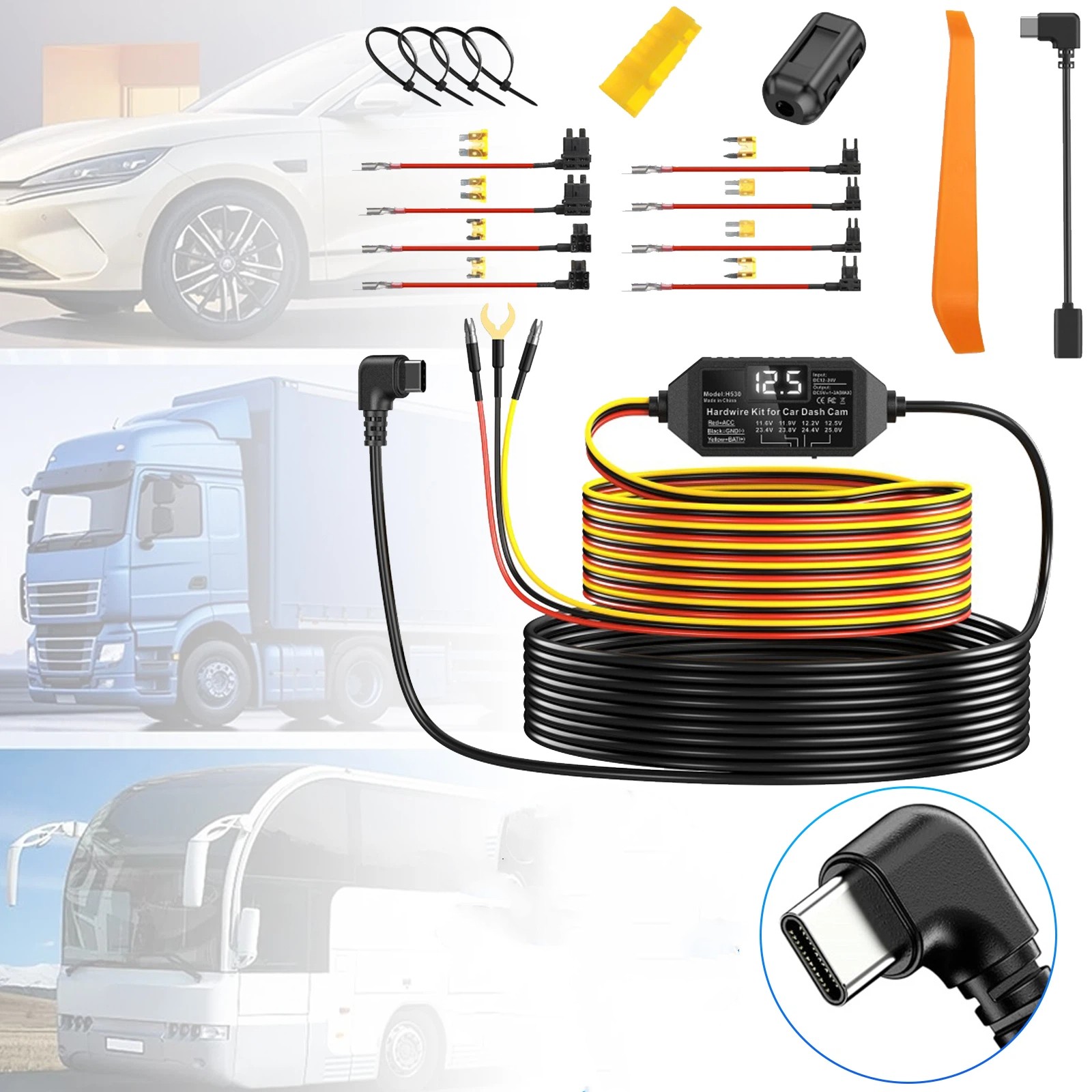 Hardwire Kit for Dash Cam USB-C with Voltage Display Universal for 12V-24V Car