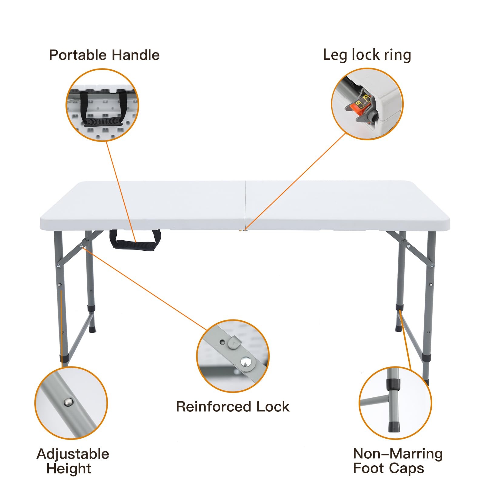 Folding Table 4 Foot Adjustable Height with Built in Handle, White