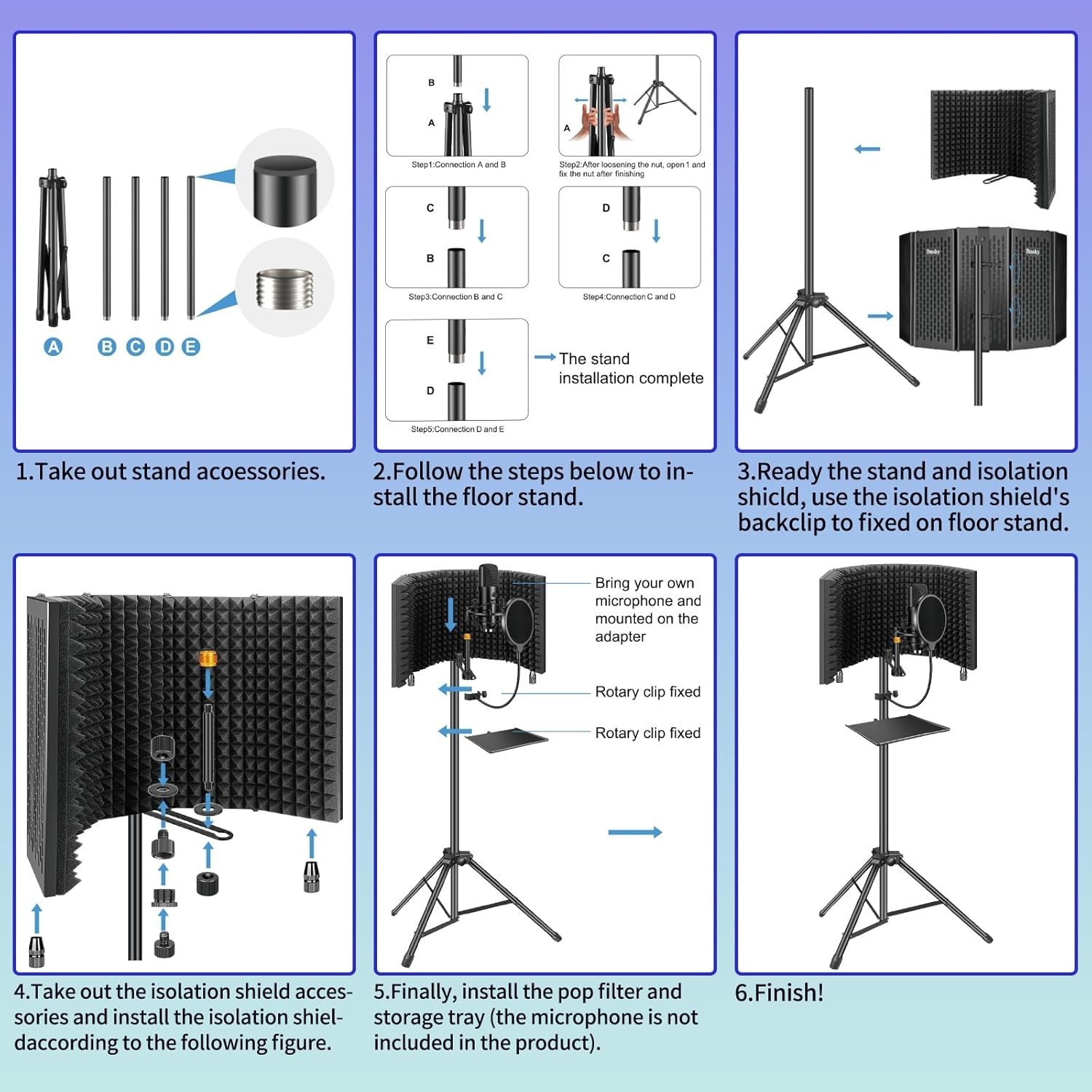 Microphone with Pop Filter & Tripod Stand, Foldable Mic Shield with Triple So...