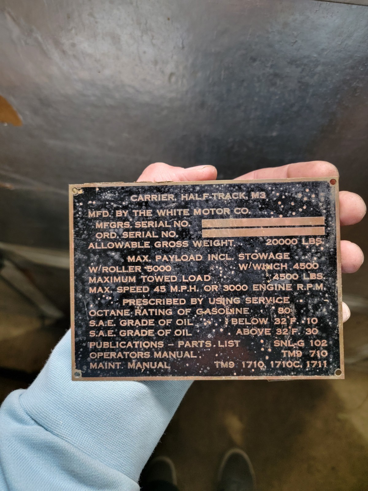 WWII White M3 Half-Track G102 NOS Original Main Dash Brass Data Plate *BLANK*