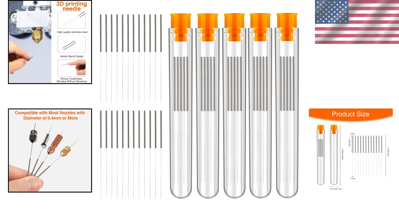 60PCS 0.4mm 3D Printer Nozzle Cleaning Kit - Stainless Steel Tools