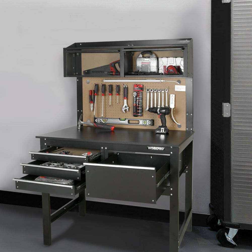 Workbench Cabinet Combo w Light 4" Tool Work Bench Steel Table Storage Garage