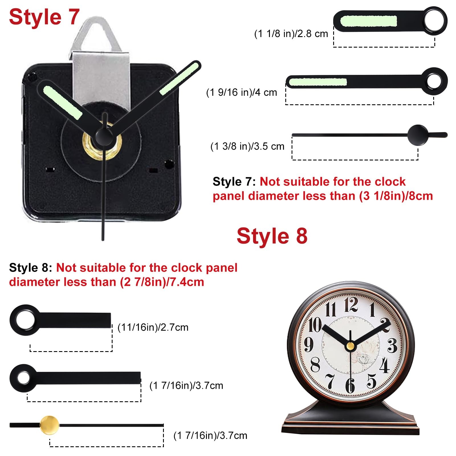 EMOON 3-Piece Silent Clock Mechanism Kit with 8 Pairs of Black, Gold, Red