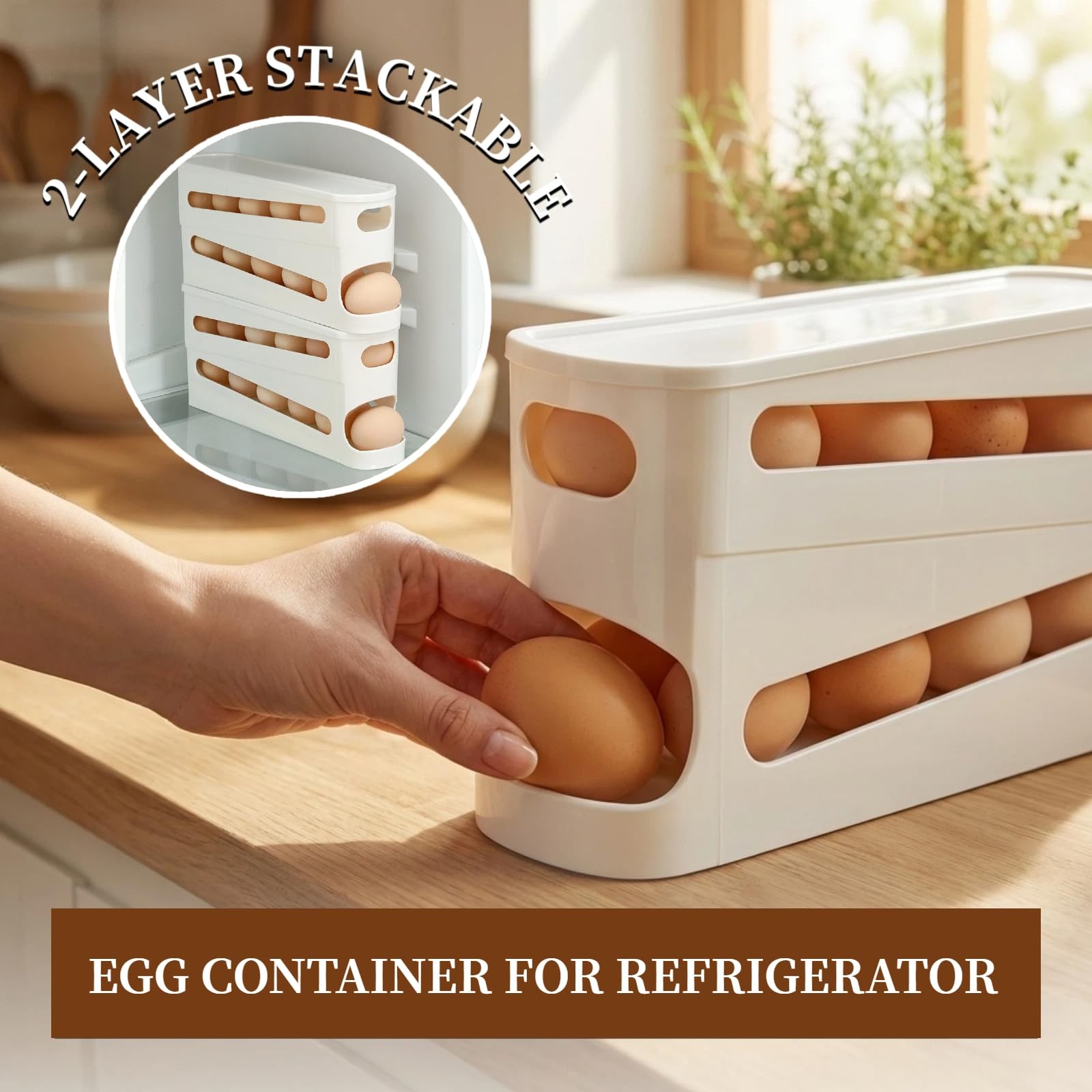 Egg Holder for Fridge, Automatic Rolling Egg Organizer for Refrigerator, Stac...