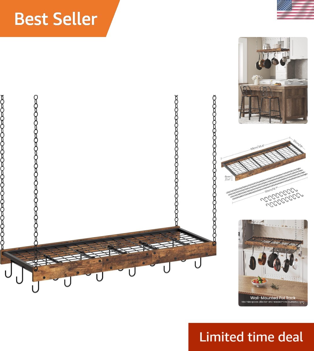 Hanging Pot Rack, Ceiling Wall Mounted Pot Rack for Kitchen, Industrial Style...