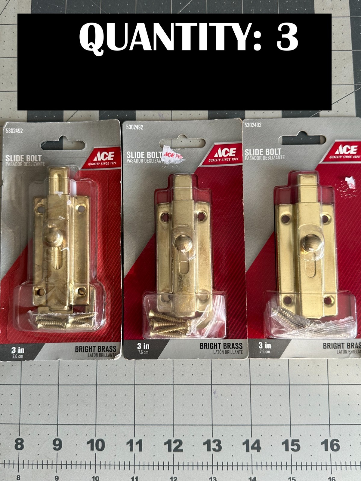 NEW 3-PACK LOT ACE door Slide Bolt Bright Brass 3" #5302492