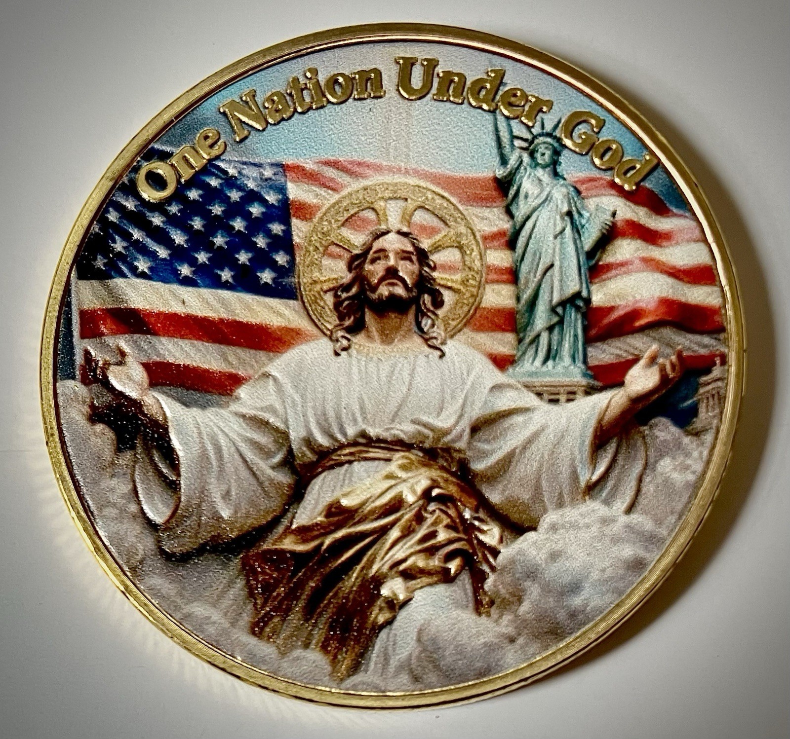 One Nation Under God Challenge Coin-3D-Gold Colored- USA 250th Anniversary-Jesus