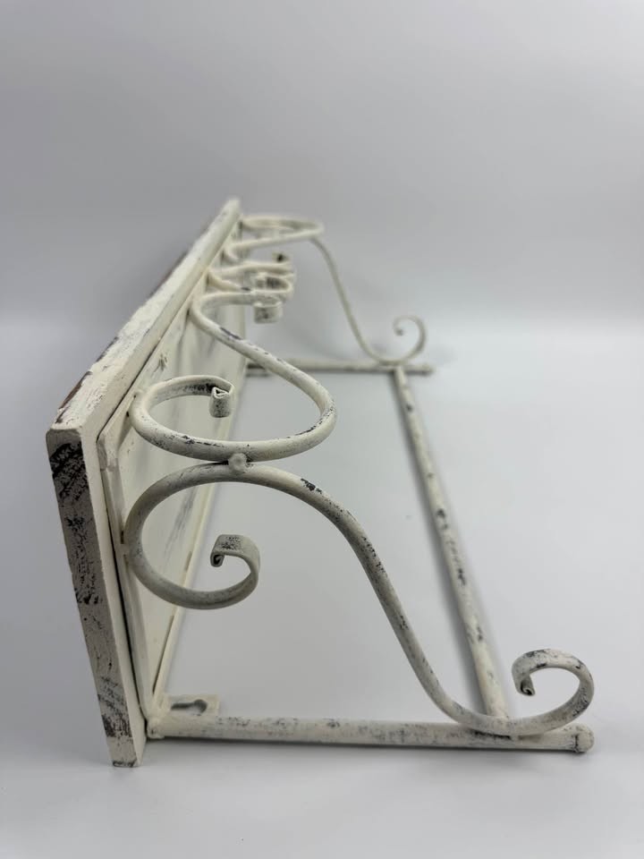 Distressed White Wood & Metal Wall Shelf With Scrollwork Decor
