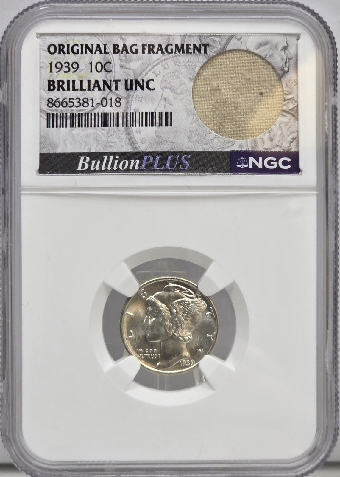 1939 10C Brilliant UNC Mercury Dime W/ Original Bag Fragment 90% silver NGC