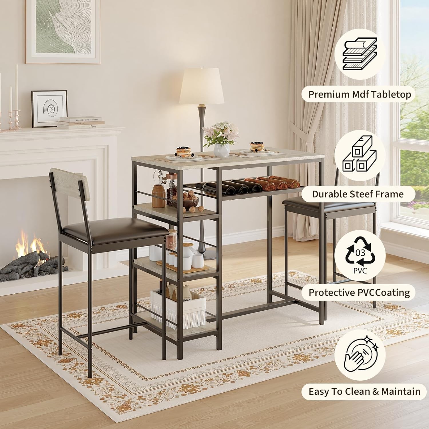 3-Piece Dining Table Set w/ Upholstered Bar Stool Wine Rack Kitchen Dining Room