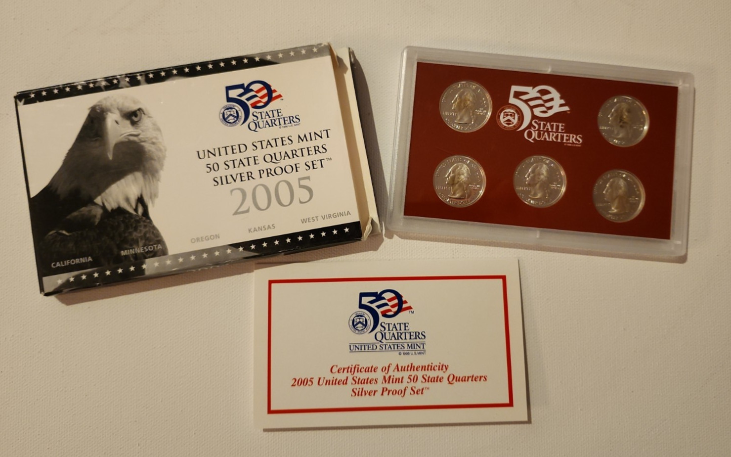 2005-S US Mint Silver Proof State Quarters Set, Box & COA, CA MN OR KS WV