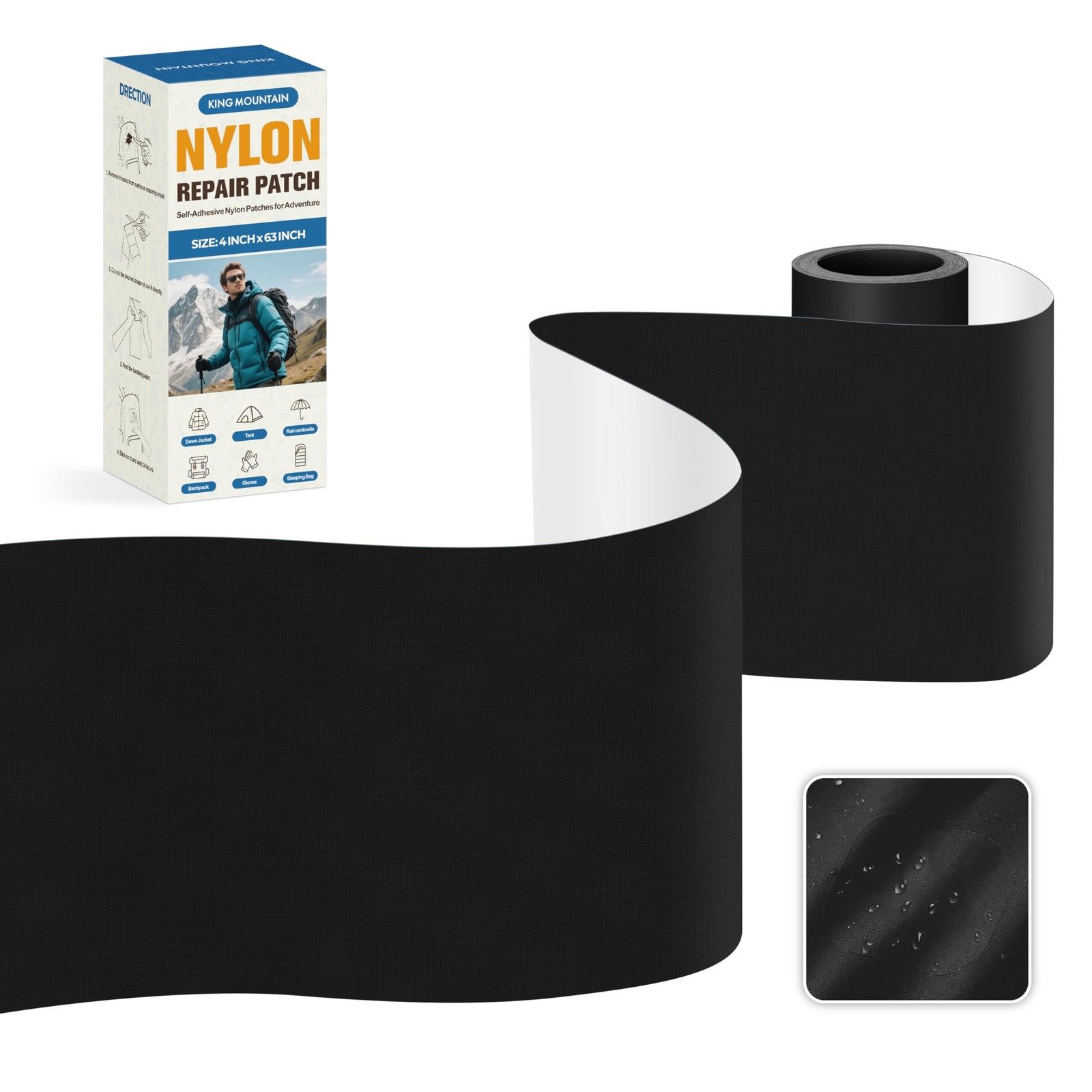 KING MOUNTAIN Self Adhesive Nylon Fabric Repair Tape, Nylon-4"W×63"L, Black