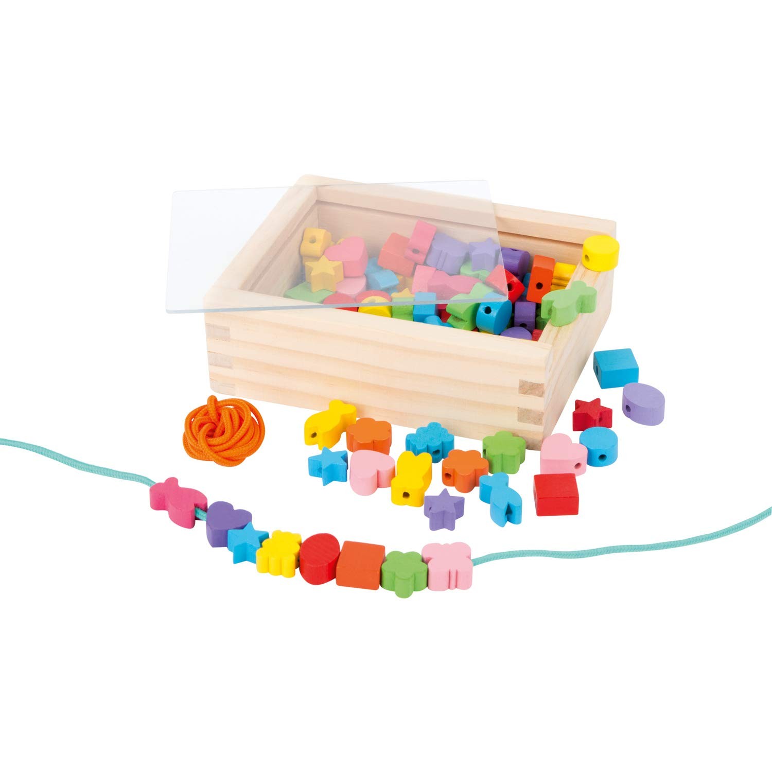 small foot 7594 threading set, with wooden beads in many colours and shapes, inc