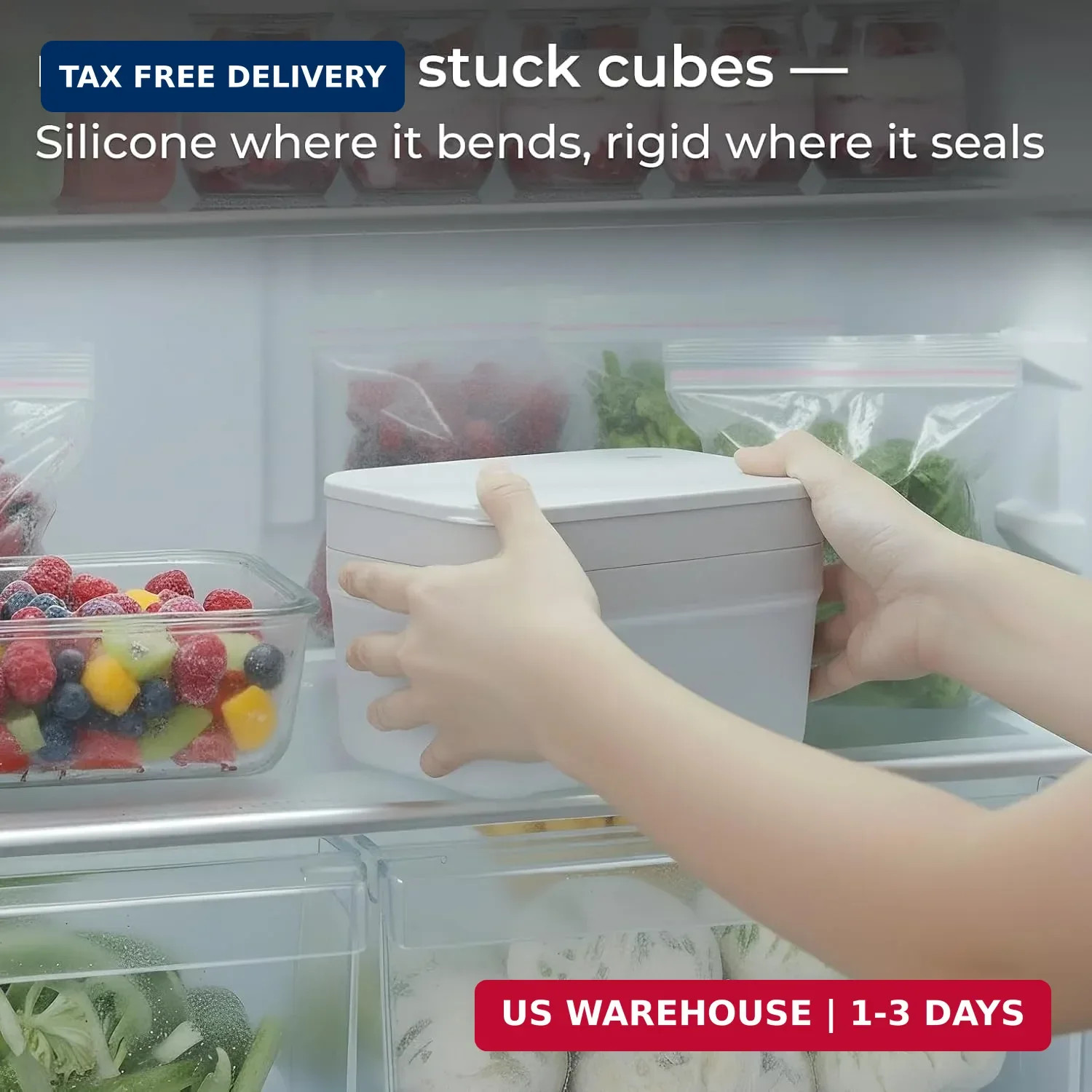 Ice Cube Tray Set with Lid & Bin, 2 Silicone Trays (32-Cube Each, 64 Total), Eas