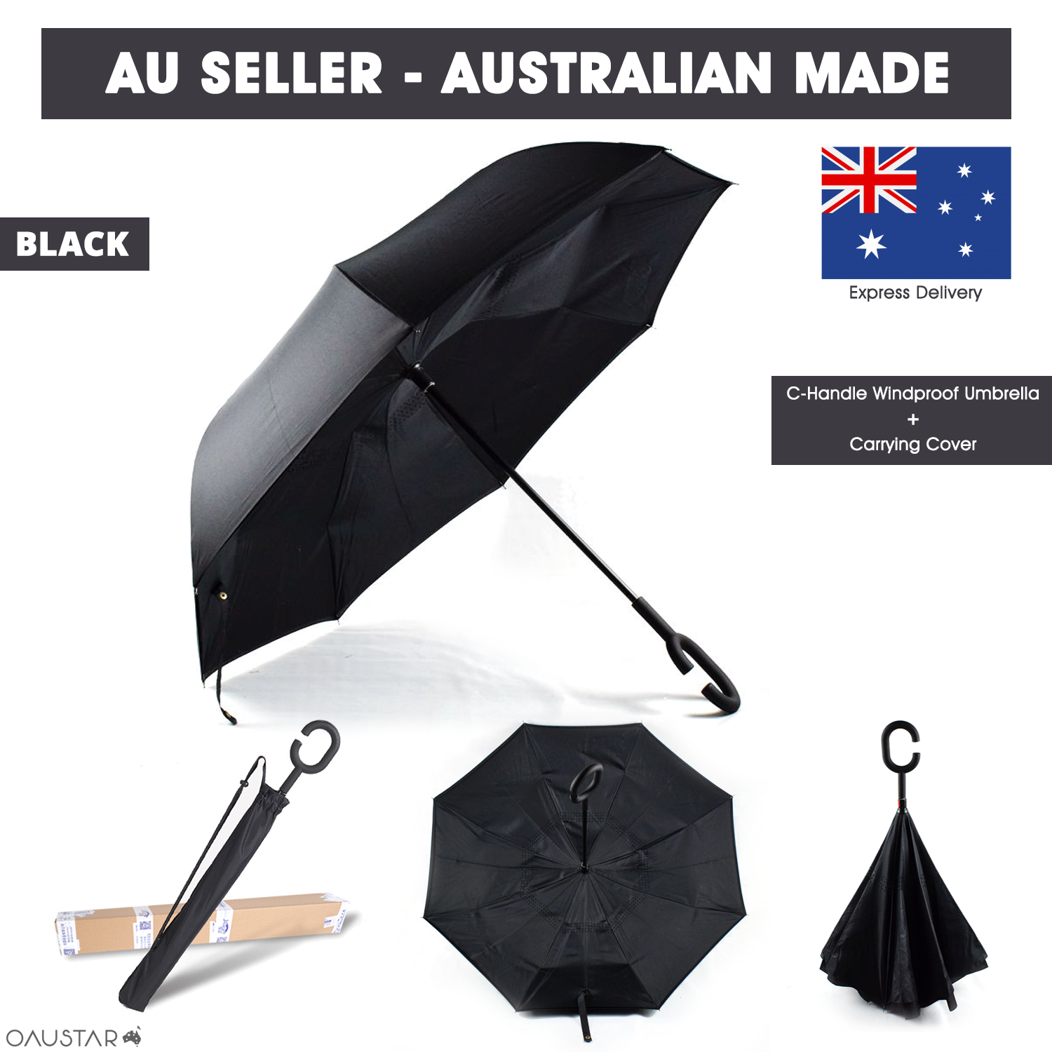 Umbrella -Upside Down-Windproof Inverted Reverse C-Handle Folding with Carry Bag