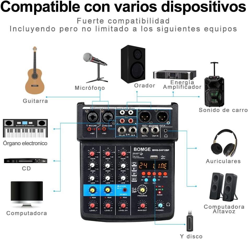 4 Channel DJ Audio Sound Mixer Interface with MP3 USB Bluetooth Stereo 24 DSP