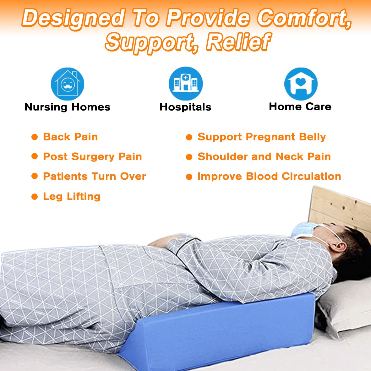 30° Incline Wedge Pillow Foam Bed For Side Sleeper Medical Elevated Bolster Blue