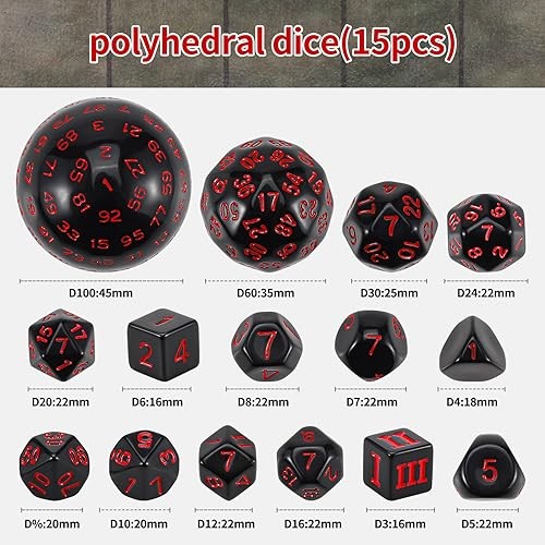 DND Polyhedral Dice Set (15pcs) D4-D100 Game Dice with Dice Bag Black & Red