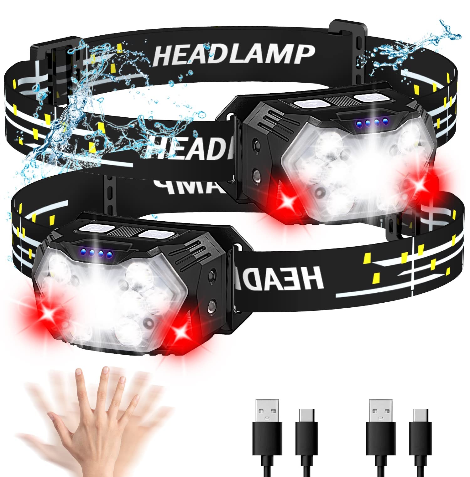 9 LED Headlamp Rechargeable 2 Pack, 2000 Lumens with Red Light