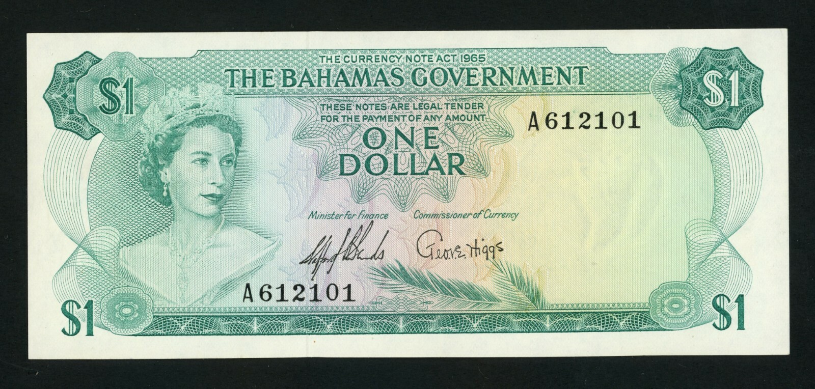 🔴BAHAMAS 1 Dollar L.1965  XF/AU+  P18a  Sign. Sands-Higgs Queen Elizabeth II🔴