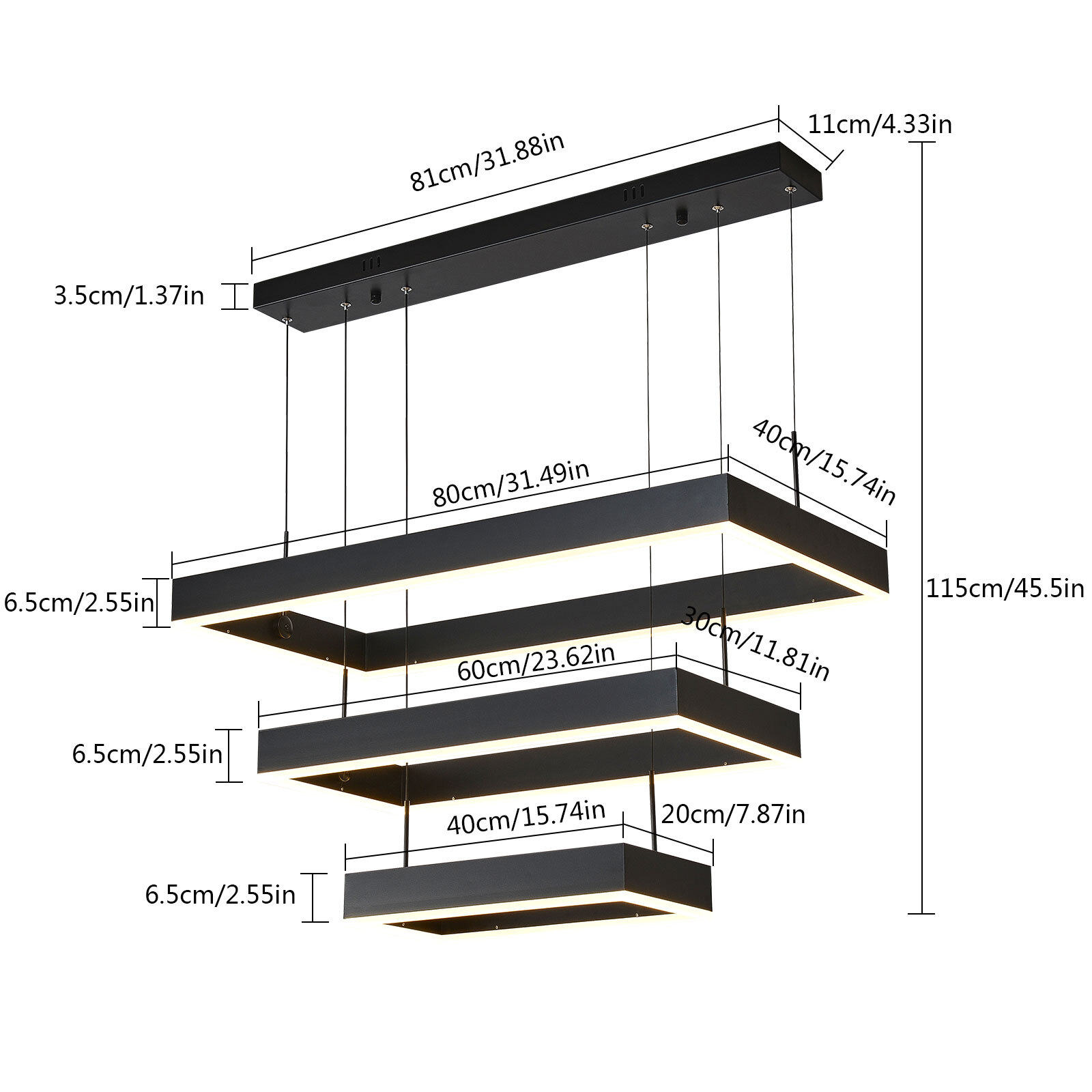 Modern LED Chandelier Light Rectangular Pendant Ceiling Light Lamp With Remote