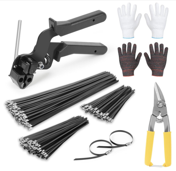 Stainless Steel Cable Tie Gun Set,  Tool Kit with 300PCS Black Metal Zip Ties