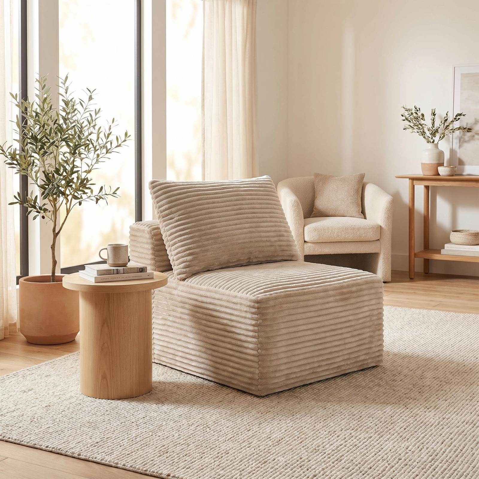 Camel Corduroy Modular Compression Sofa, Legless Floor-Hugging Armless Chair