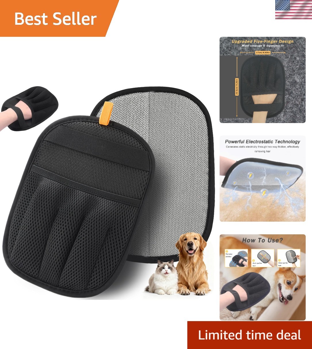 Five-Finger Electrostatic Pet Hair Remover Glove for Effortless Cleanups - Black