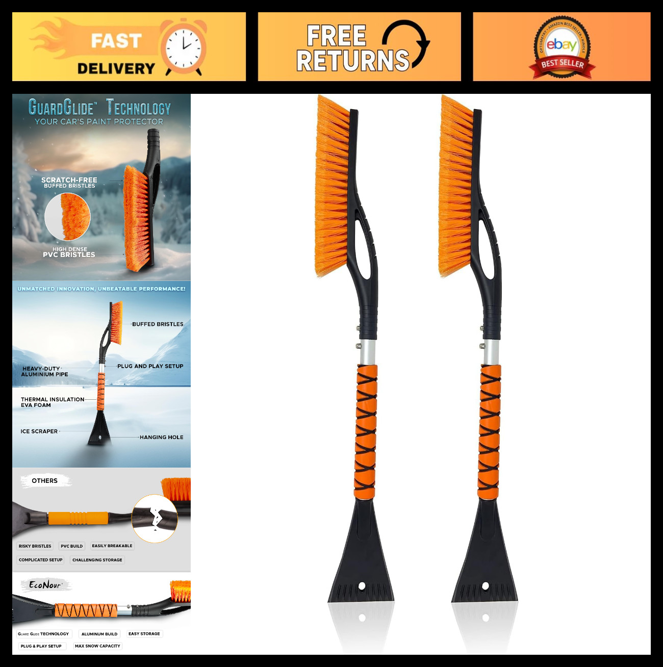 27" Car Snow Brush & Ice Scraper Set - Scratch-Free Bristle, Durable Aluminum, 2