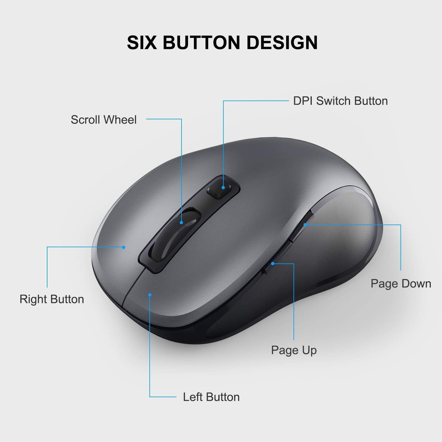 Lightweight Grey Wireless Computer Mouse for Laptops - 3 Adjustable Levels